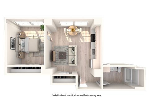 Floor plan for 1 bed, 1 bath, 606 sqft